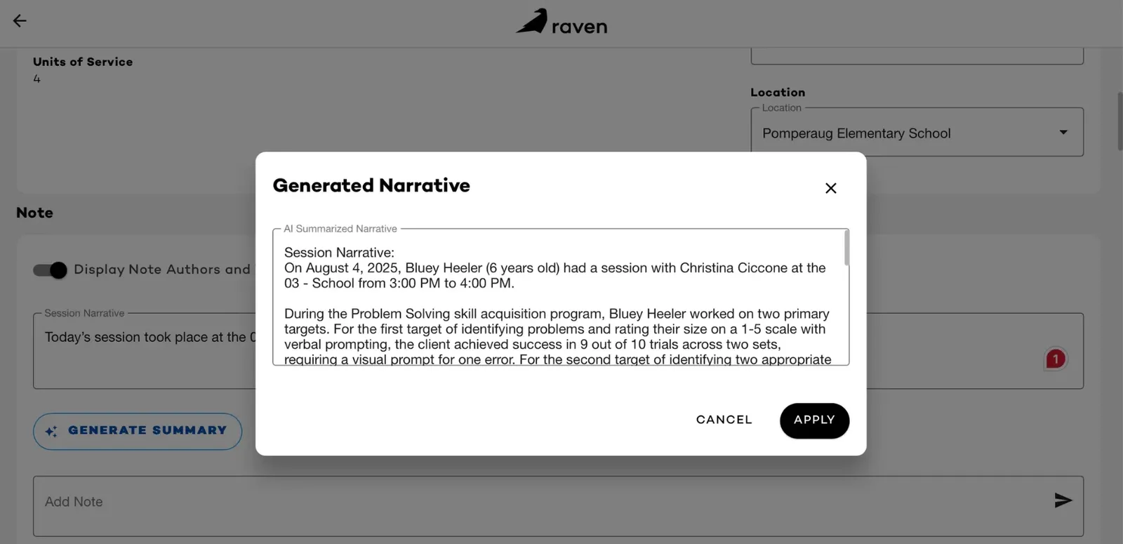 Raven Health ABA Session Notes Generated with AI